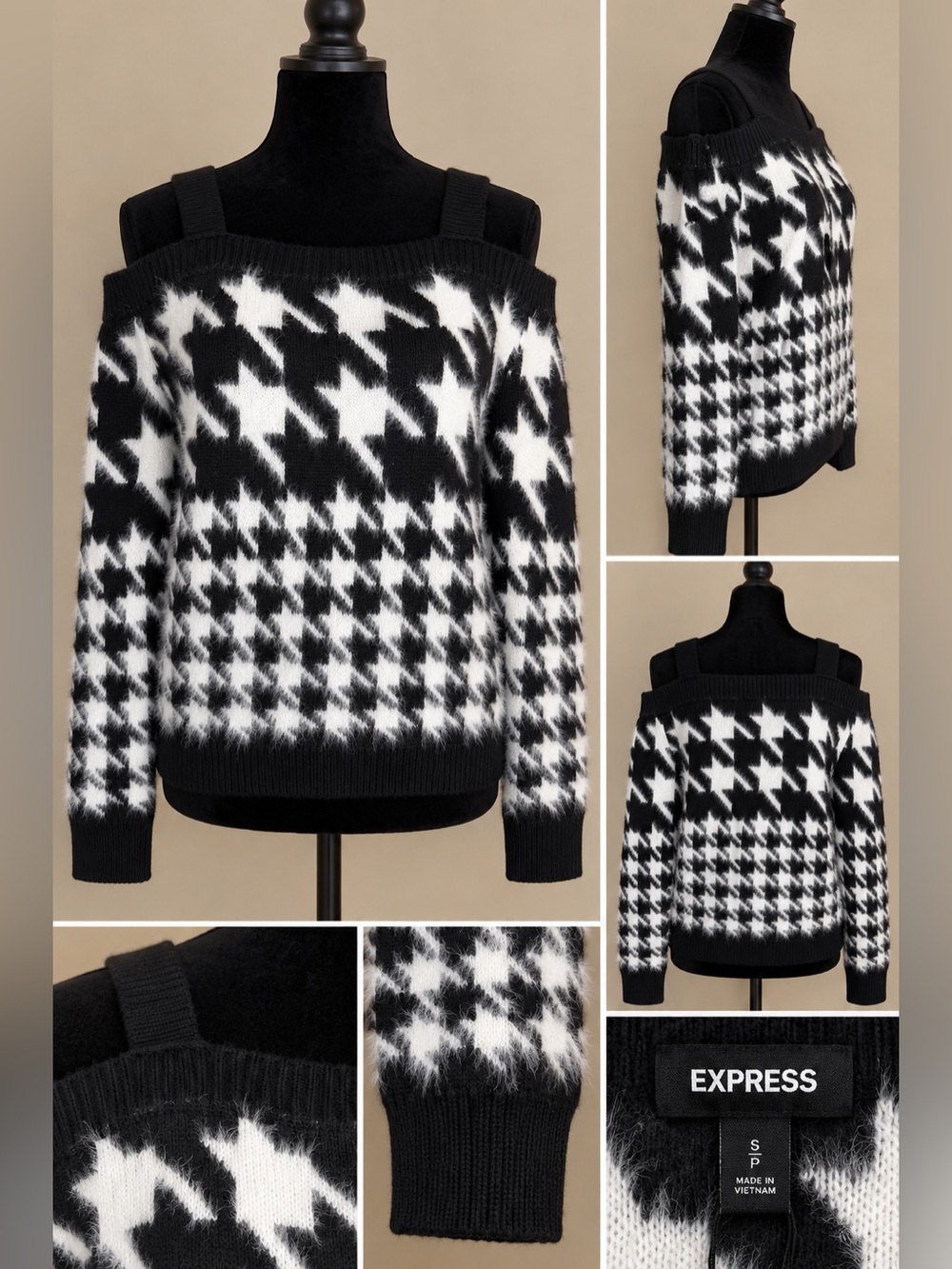 Express Black & White Houndstooth Off-the-Shoulder Sweater